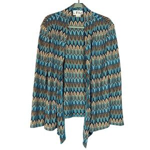 N Touch Women Teal Gold Brown‎ Geometric Knit Waterfall Cardigan Sweater XL